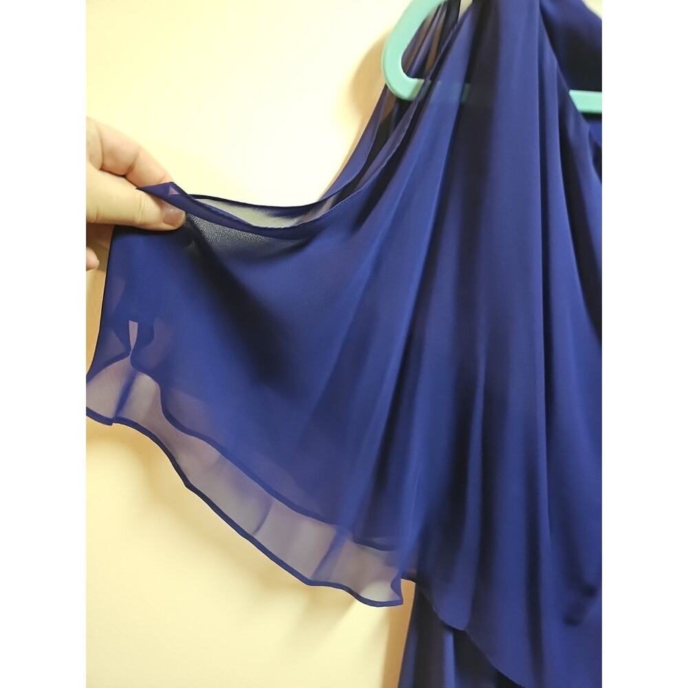 DJ-JAZ Women's Royal Blue Cold Shoulder Dress Beaded Sheer Overlay Cape Size 12 - Picture 4 of 6